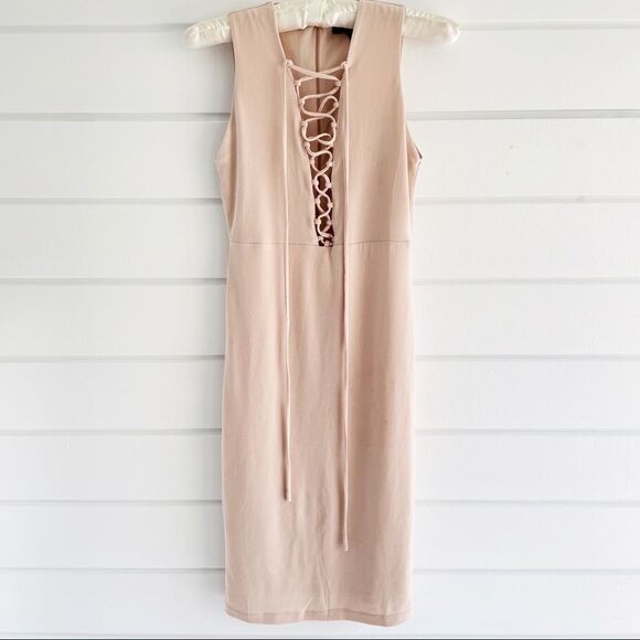 Forever 21 Nude Front Lace Up Bodycon Dress Small - Picture 1 of 12